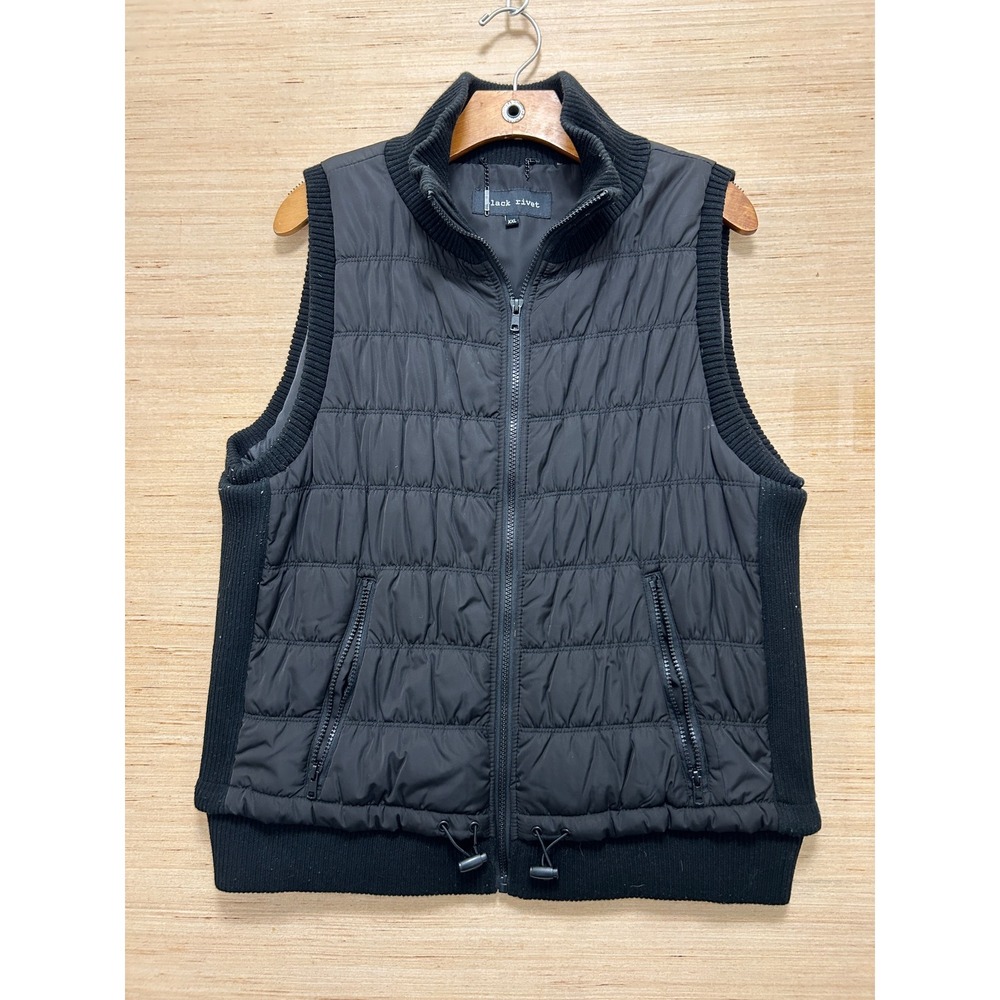 Black Quilted Hybrid Ribbed Knit Mock Neck Zip